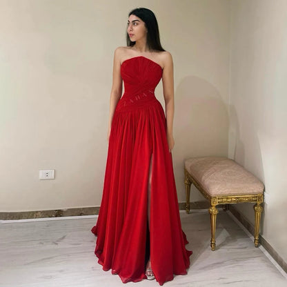 Serene Hill Red Chiffon Elegant Srapless with Split Evening Dress Luxury Dubai Arabic Women Wedding Prom Party Gowns 2025 LA72537 - SERENE HILL