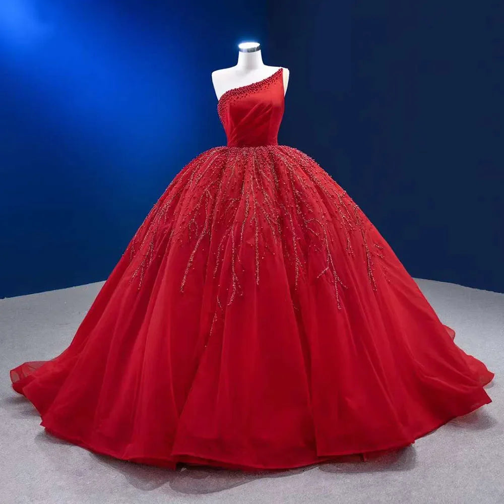 Serene Hill Red Elegant One Shoulder Lace Up Pearls Beaded Luxury Bride Gowns Wedding Dress 2025 High End Custom Made HM222191 - SERENE HILL