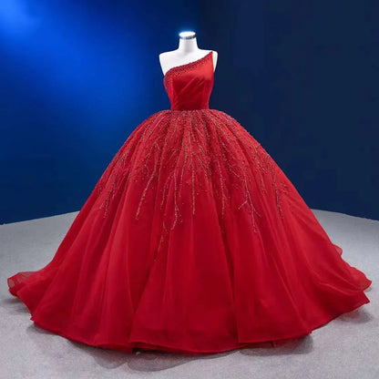Serene Hill Red Elegant One Shoulder Lace Up Pearls Beaded Luxury Bride Gowns Wedding Dress 2025 High End Custom Made HM222191 - SERENE HILL