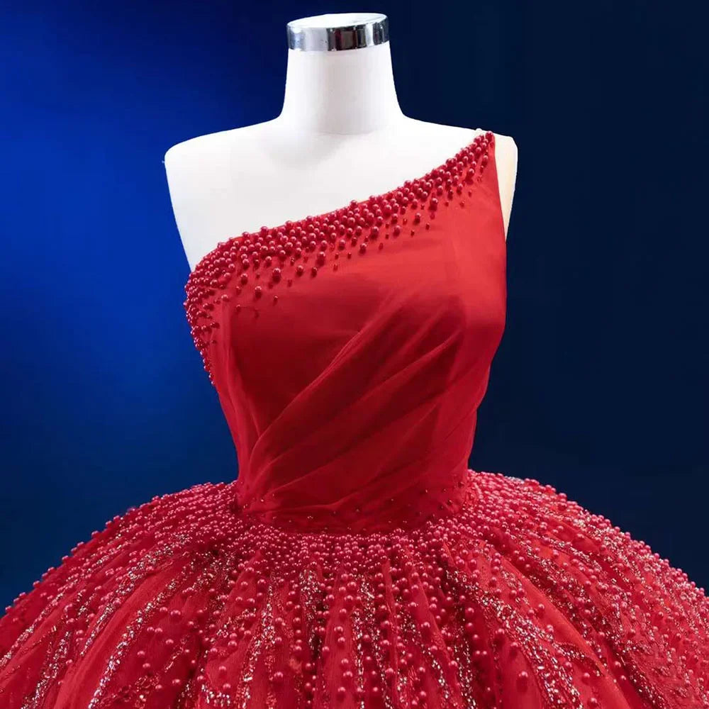 Serene Hill Red Elegant One Shoulder Lace Up Pearls Beaded Luxury Bride Gowns Wedding Dress 2025 High End Custom Made HM222191 - SERENE HILL