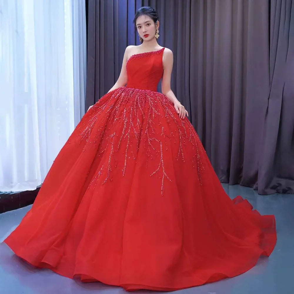 Serene Hill Red Elegant One Shoulder Lace Up Pearls Beaded Luxury Bride Gowns Wedding Dress 2025 High End Custom Made HM222191 - SERENE HILL