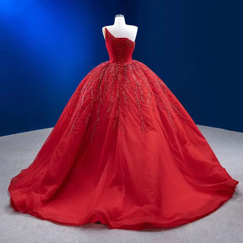 Serene Hill Red Elegant One Shoulder Lace Up Pearls Beaded Luxury Bride Gowns Wedding Dress 2025 High End Custom Made HM222191 - SERENE HILL