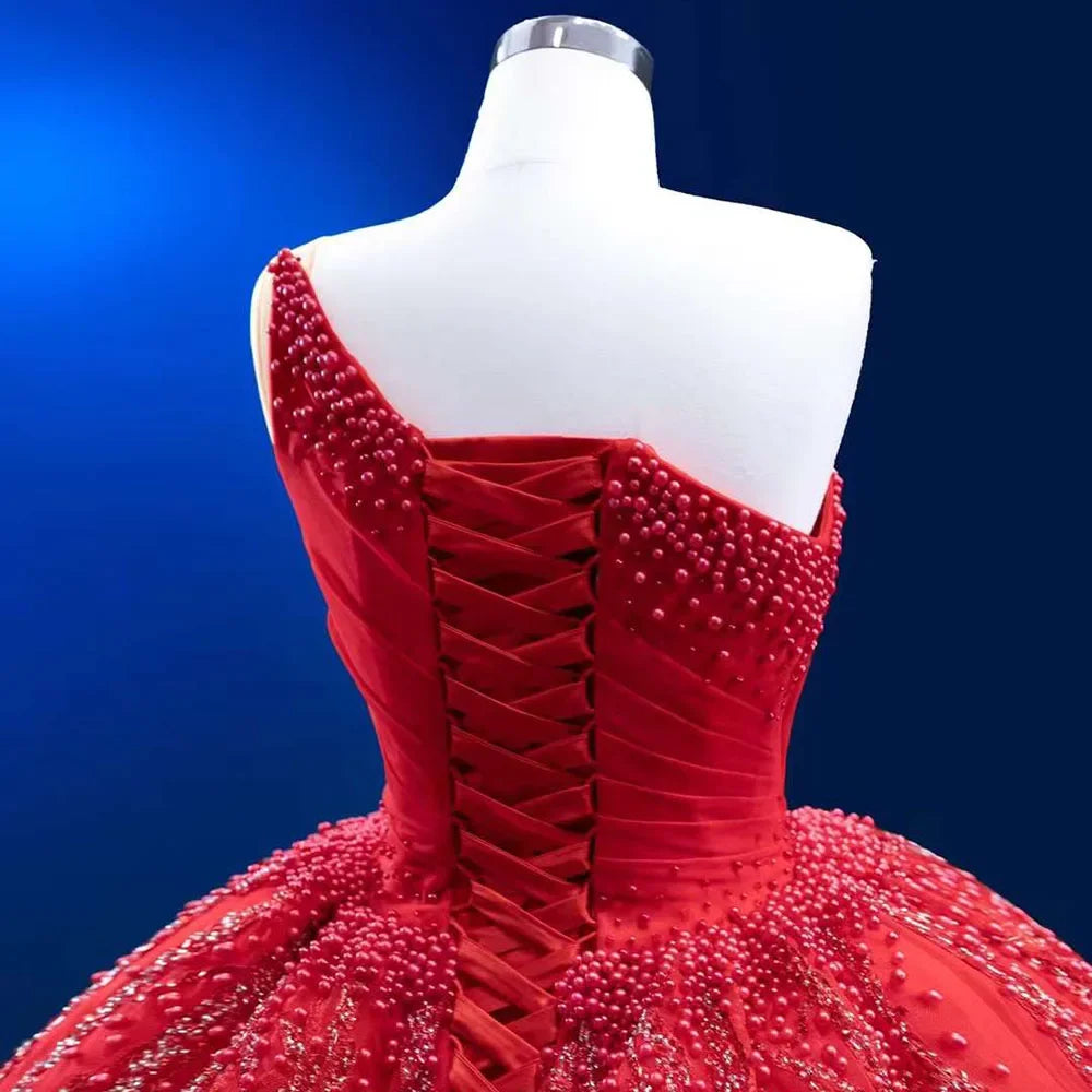 Serene Hill Red Elegant One Shoulder Lace Up Pearls Beaded Luxury Bride Gowns Wedding Dress 2025 High End Custom Made HM222191 - SERENE HILL