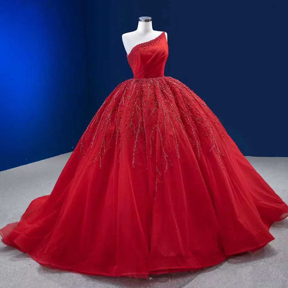 Serene Hill Red Elegant One Shoulder Lace Up Pearls Beaded Luxury Bride Gowns Wedding Dress 2025 High End Custom Made HM222191 - SERENE HILL