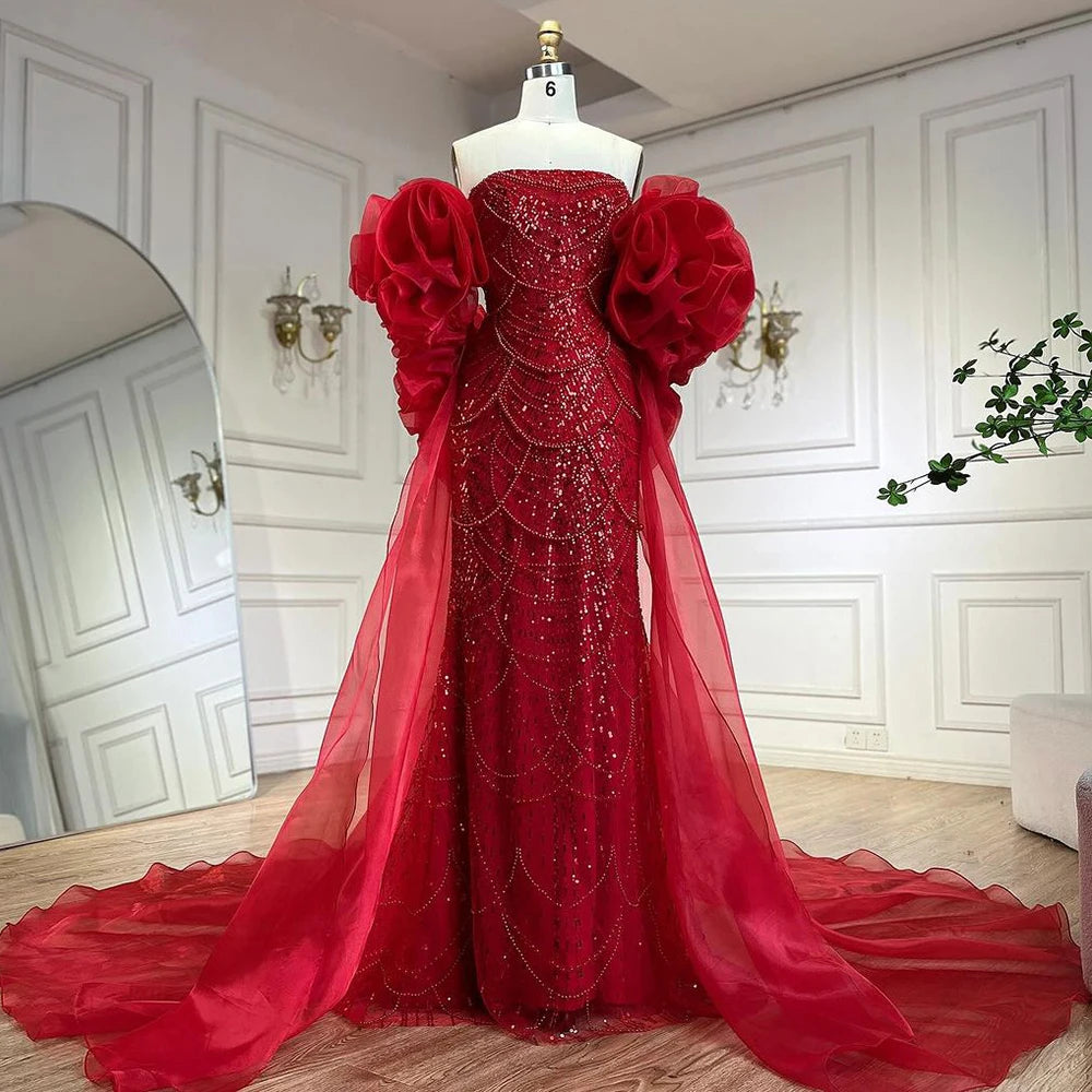 Serene Hill Luxury Designer Red Mermaid Evening Dress With Puff Sleeves LA72585 Red / 16