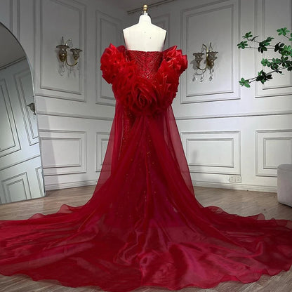 Serene Hill Luxury Designer Red Mermaid Evening Dress With Puff Sleeves LA72585 - SERENE HILL