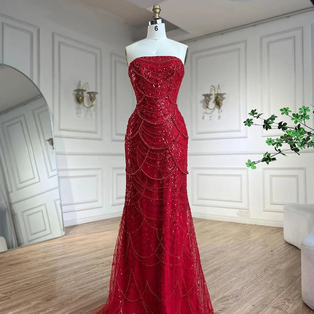 strapless open back dress Serene Hill Luxury Designer Red Mermaid Evening Dress With Puff Sleeve –  SERENE HILL