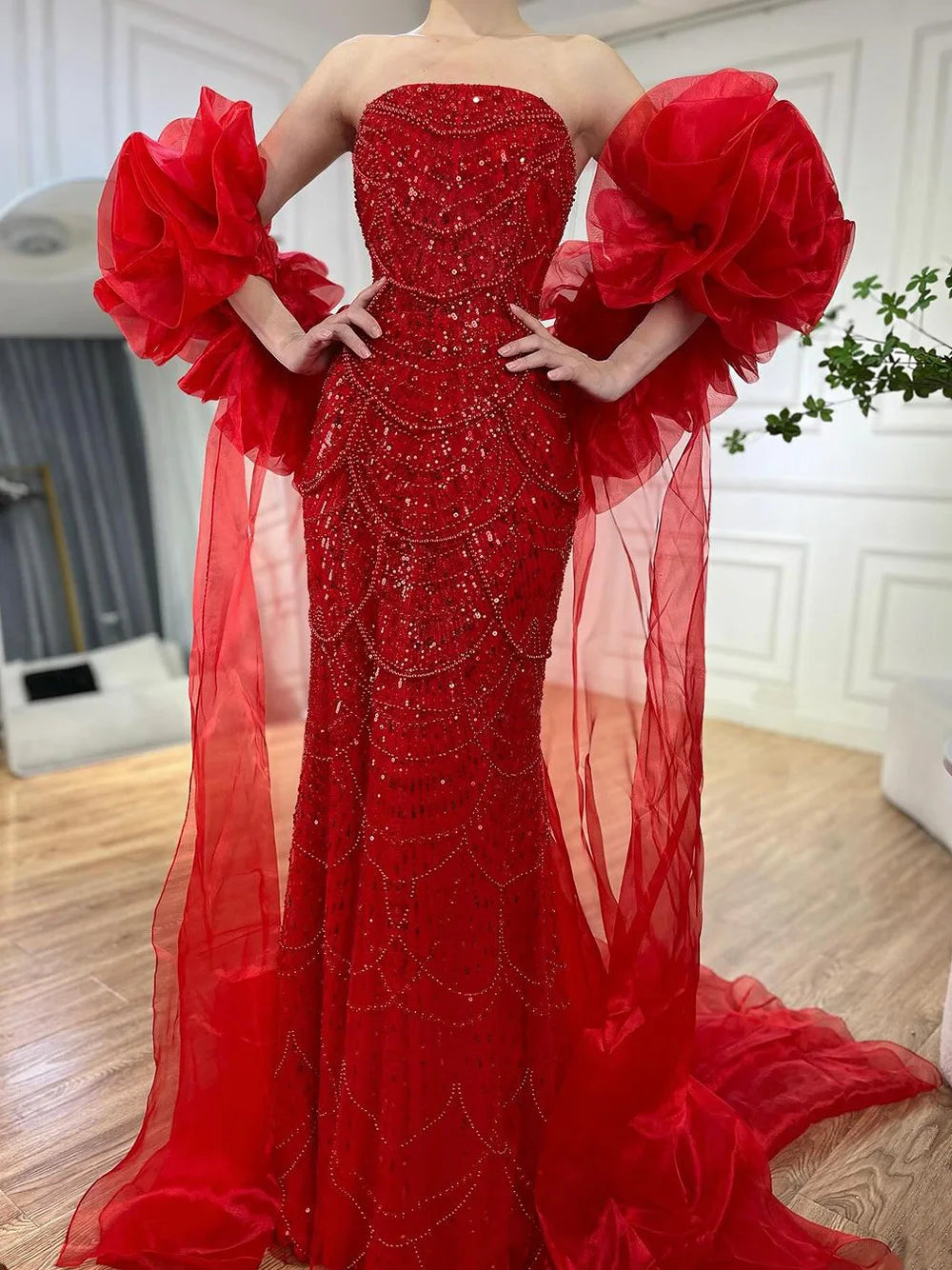 knee length dresses for ladies Serene Hill Luxury Designer Red Mermaid Evening Dress With Puff Sleeve –  SERENE HILL