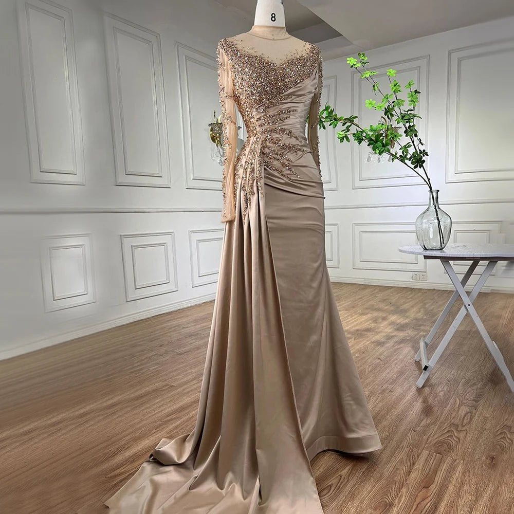 Serene Hill Rose Gold Long Sleeve High Neck Luxury Mermaid With Skirt Evening Dresses Gowns For Women Party 2025 LA71804 - SERENE HILL