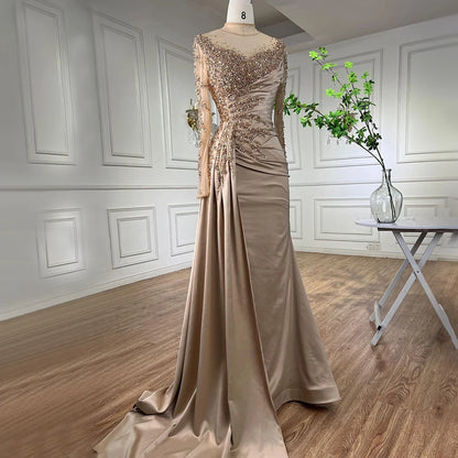 Serene Hill Rose Gold Long Sleeve High Neck Luxury Mermaid With Skirt Evening Dresses Gowns For Women Party 2025 LA71804 - SERENE HILL