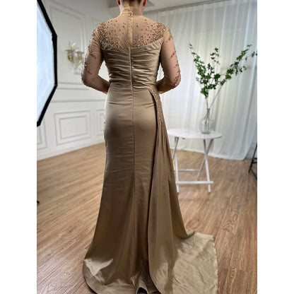 Serene Hill Rose Gold Long Sleeve High Neck Luxury Mermaid With Skirt Evening Dresses Gowns For Women Party 2025 LA71804 - SERENE HILL