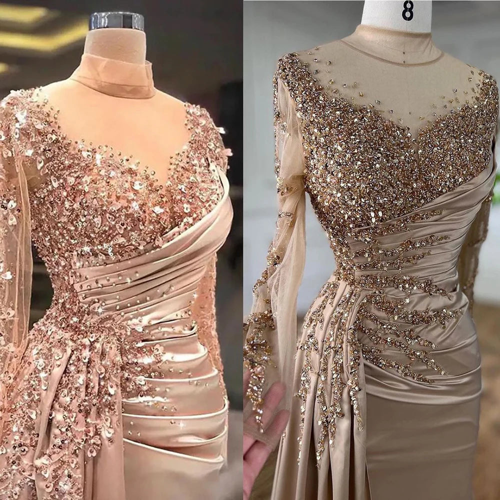 Serene Hill Rose Gold Long Sleeve High Neck Luxury Mermaid With Skirt Evening Dresses Gowns For Women Party 2025 LA71804 - SERENE HILL