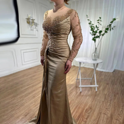Serene Hill Rose Gold Long Sleeve High Neck Luxury Mermaid With Skirt Evening Dresses Gowns For Women Party 2025 LA71804 - SERENE HILL