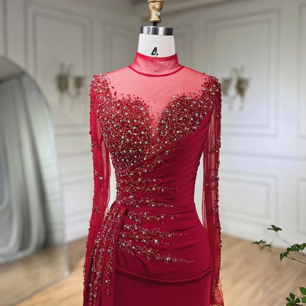 Serene Hill Rose Gold Long Sleeve High Neck Luxury Mermaid With Skirt Evening Dresses Gowns For Women Party 2025 LA71804 - SERENE HILL
