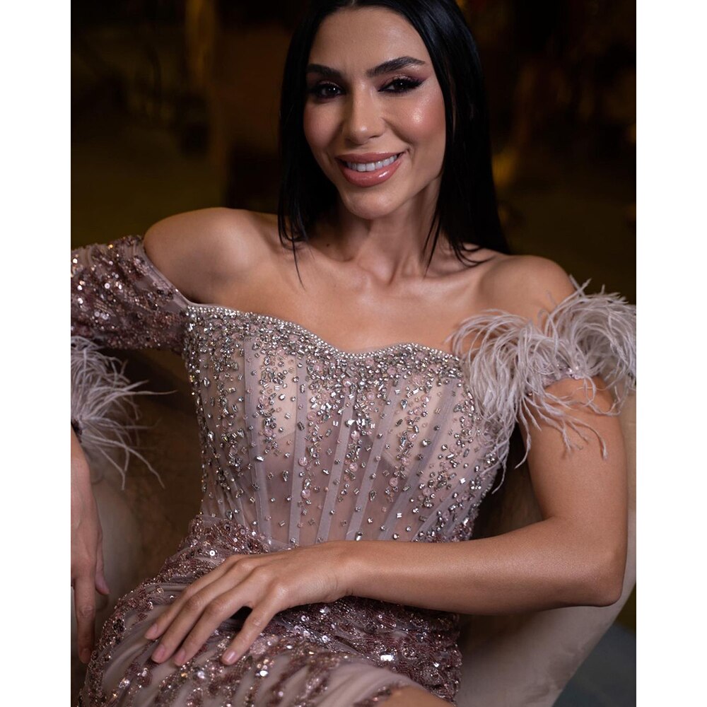 Serene Hill Rose Gold Off Shoulder One Sleeve Mermaid Feathers Evening Dresses High Split Sexy Party Gowns For Women LA72082 - SERENE HILL