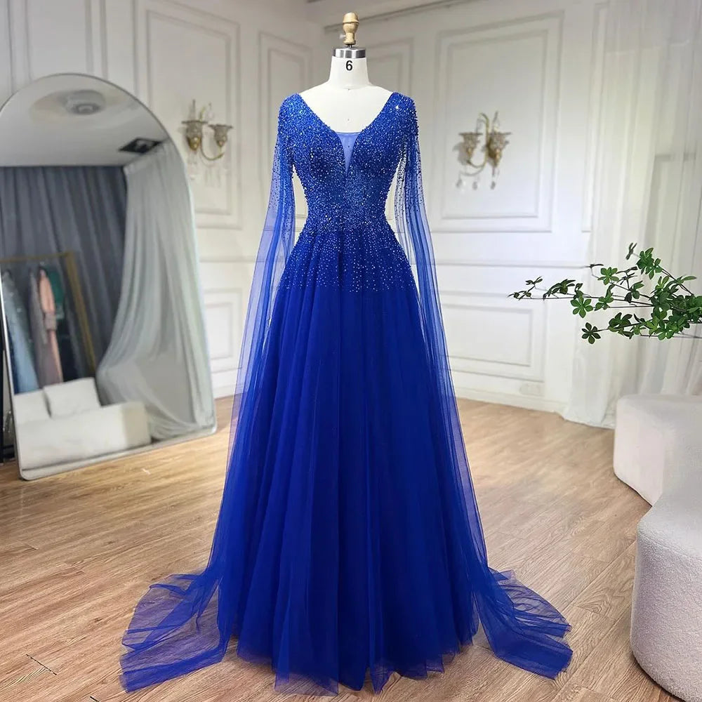 Royal Blue Luxury Dubai Evening Dress with Cape Sleeves LA72315 - SERENE HILL