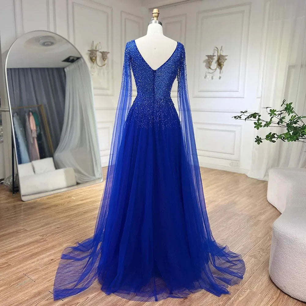 Royal Blue Luxury Dubai Evening Dress with Cape Sleeves LA72315 Purple / 12