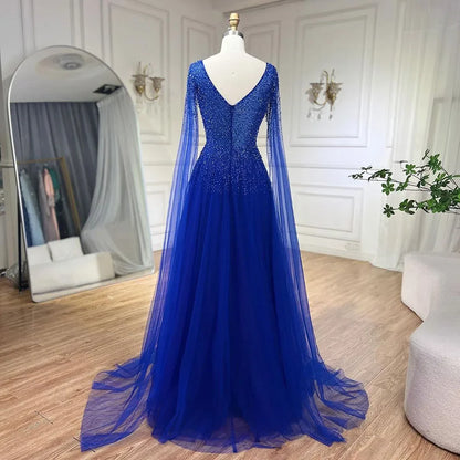 Royal Blue Luxury Dubai Evening Dress with Cape Sleeves LA72315 - SERENE HILL