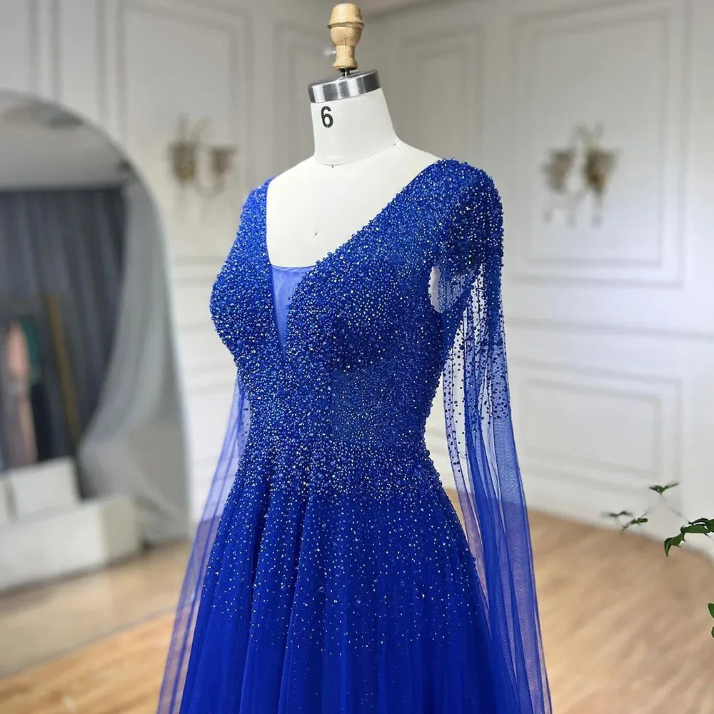 Royal Blue Luxury Dubai Evening Dress with Cape Sleeves LA72315 - SERENE HILL