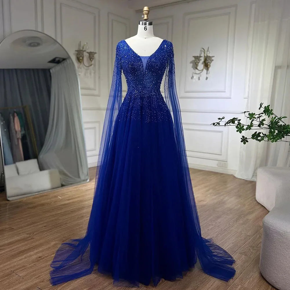 Royal Blue Luxury Dubai Evening Dress with Cape Sleeves LA72315 - SERENE HILL