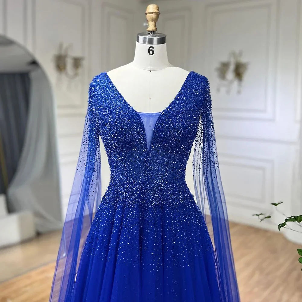 Royal Blue Luxury Dubai Evening Dress with Cape Sleeves LA72315 - SERENE HILL