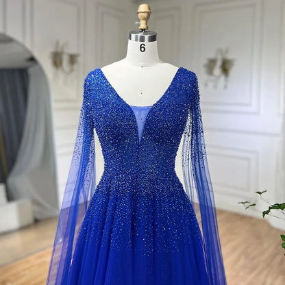 Royal Blue Luxury Dubai Evening Dress with Cape Sleeves LA72315 - SERENE HILL