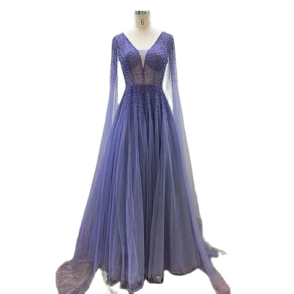 Royal Blue Luxury Dubai Evening Dress with Cape Sleeves LA72315 - SERENE HILL