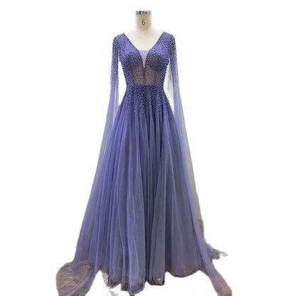 Royal Blue Luxury Dubai Evening Dress with Cape Sleeves LA72315 - SERENE HILL