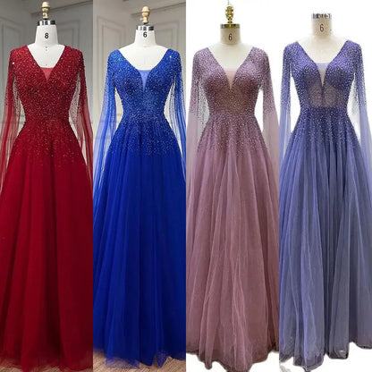 Royal Blue Luxury Dubai Evening Dress with Cape Sleeves LA72315 - SERENE HILL
