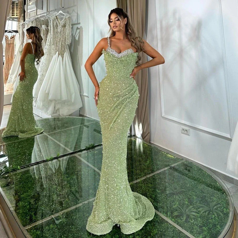 Serene Hill Sage Green Mermaid One Shoulder Beaded Crysal Luxury Dubai Evening Dresses Gowns For Women Party 2025 LA72419