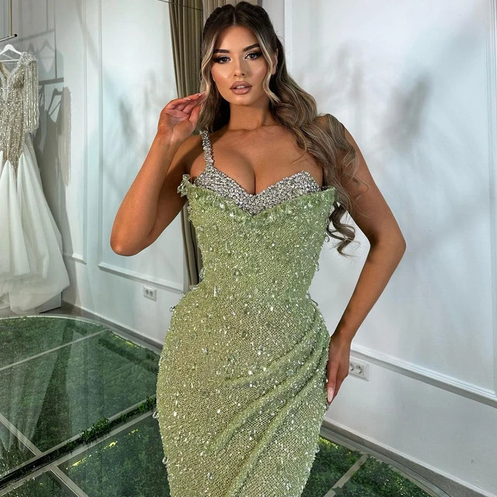Serene Hill Sage Green Mermaid One Shoulder Beaded Crysal Luxury Dubai Evening Dresses Gowns For Women Party 2025 LA72419 - SERENE HILL