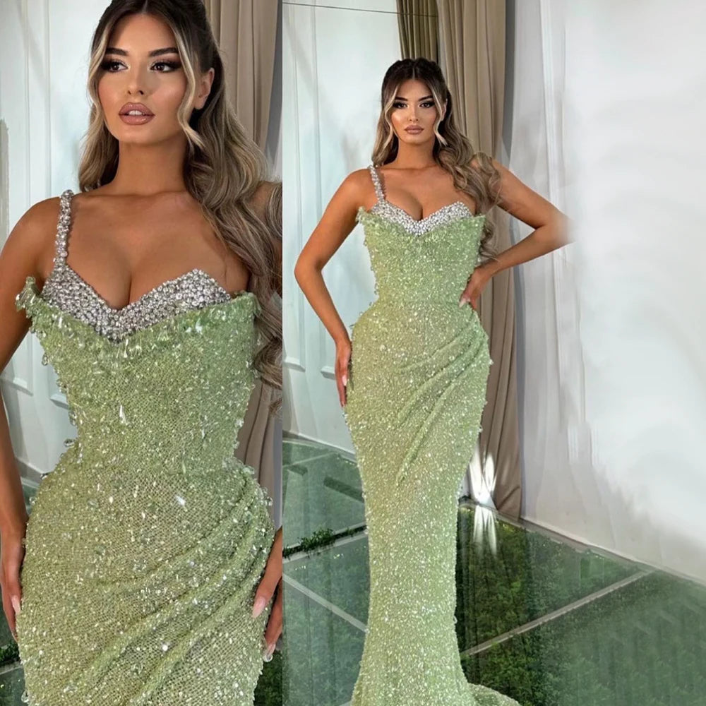 Serene Hill Sage Green Mermaid One Shoulder Beaded Crysal Luxury Dubai Evening Dresses Gowns For Women Party 2025 LA72419 - SERENE HILL