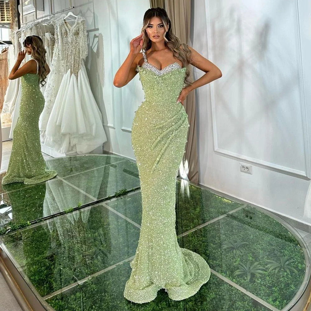 Serene Hill Sage Green Mermaid One Shoulder Beaded Crysal Luxury Dubai Evening Dresses Gowns For Women Party 2025 LA72419 - SERENE HILL