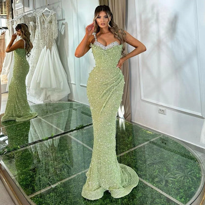 Serene Hill Sage Green Mermaid One Shoulder Beaded Crysal Luxury Dubai Evening Dresses Gowns For Women Party 2025 LA72419 - SERENE HILL