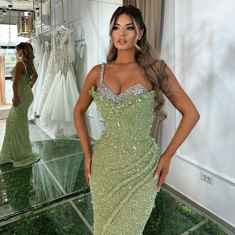 Serene Hill Sage Green Mermaid One Shoulder Beaded Crysal Luxury Dubai Evening Dresses Gowns For Women Party 2025 LA72419 - SERENE HILL