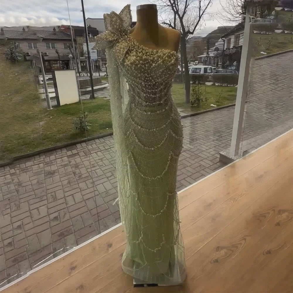 Luxury Sage Green One-Shoulder Pearls Beaded Evening Dress LA72511 - SERENE HILL