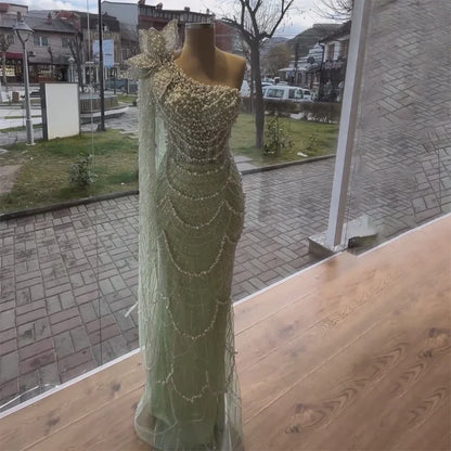 Luxury Sage Green One-Shoulder Pearls Beaded Evening Dress LA72511 - SERENE HILL