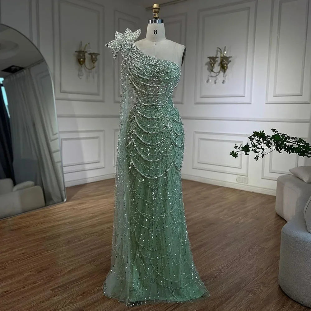 Luxury Sage Green One-Shoulder Pearls Beaded Evening Dress LA72511 - SERENE HILL