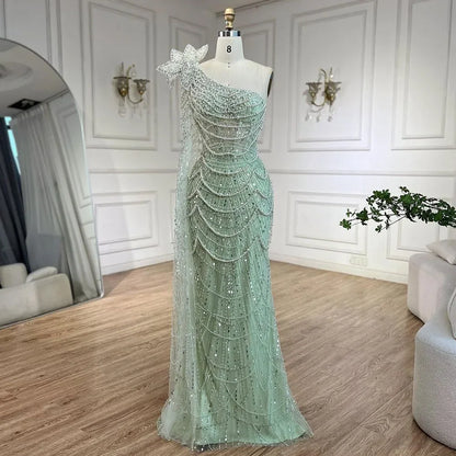 Luxury Sage Green One-Shoulder Pearls Beaded Evening Dress LA72511 - SERENE HILL