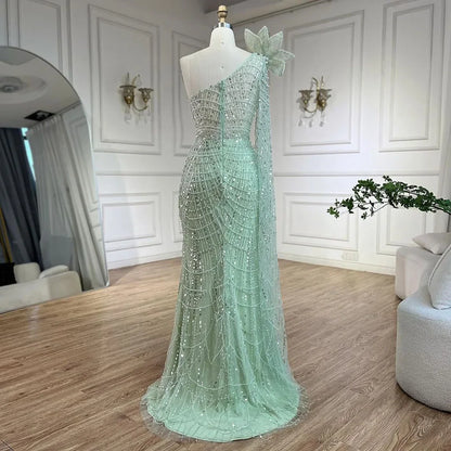 Luxury Sage Green One-Shoulder Pearls Beaded Evening Dress LA72511 - SERENE HILL
