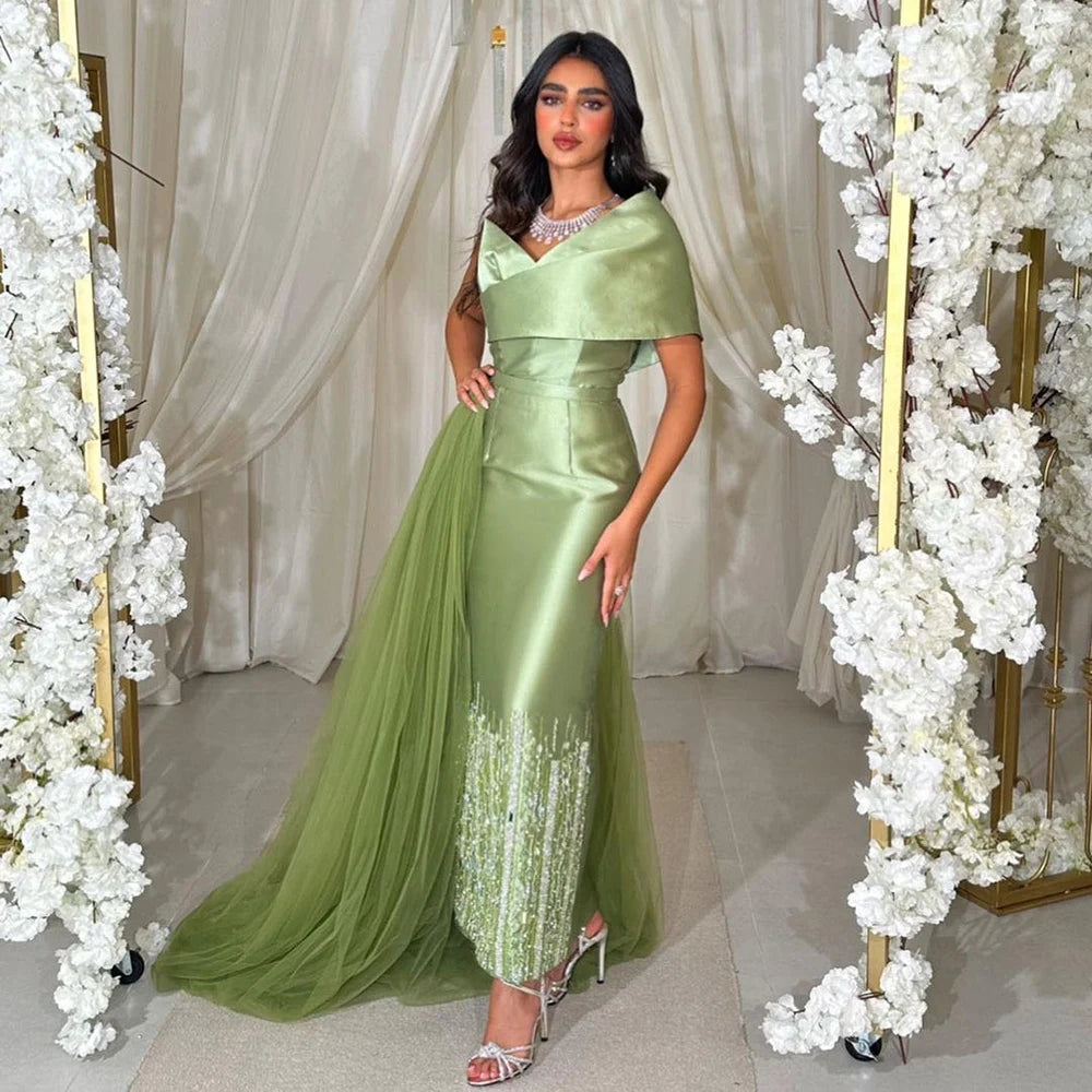Serene Hill Sage Green Satin One-Shoulder Beaded Mermaid Tea-Length Evening Gown for Women - Wedding Party LA72194 - SERENE HILL