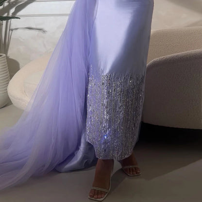 Serene Hill Sage Green Satin One-Shoulder Beaded Mermaid Tea-Length Evening Gown for Women - Wedding Party LA72194 - SERENE HILL
