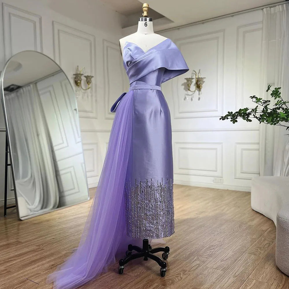 Serene Hill Sage Green Satin One-Shoulder Beaded Mermaid Tea-Length Evening Gown for Women - Wedding Party LA72194 - SERENE HILL