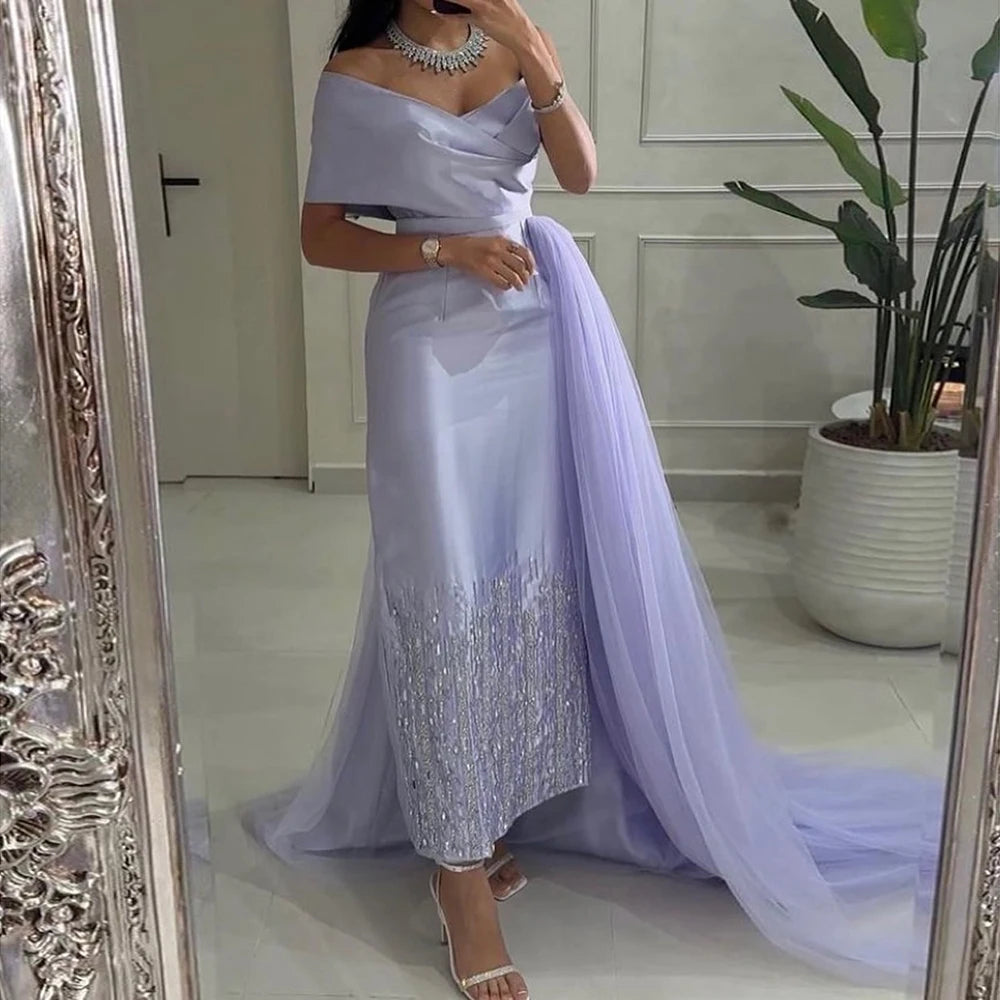 Serene Hill Sage Green Satin One-Shoulder Beaded Mermaid Tea-Length Evening Gown for Women - Wedding Party LA72194 - SERENE HILL