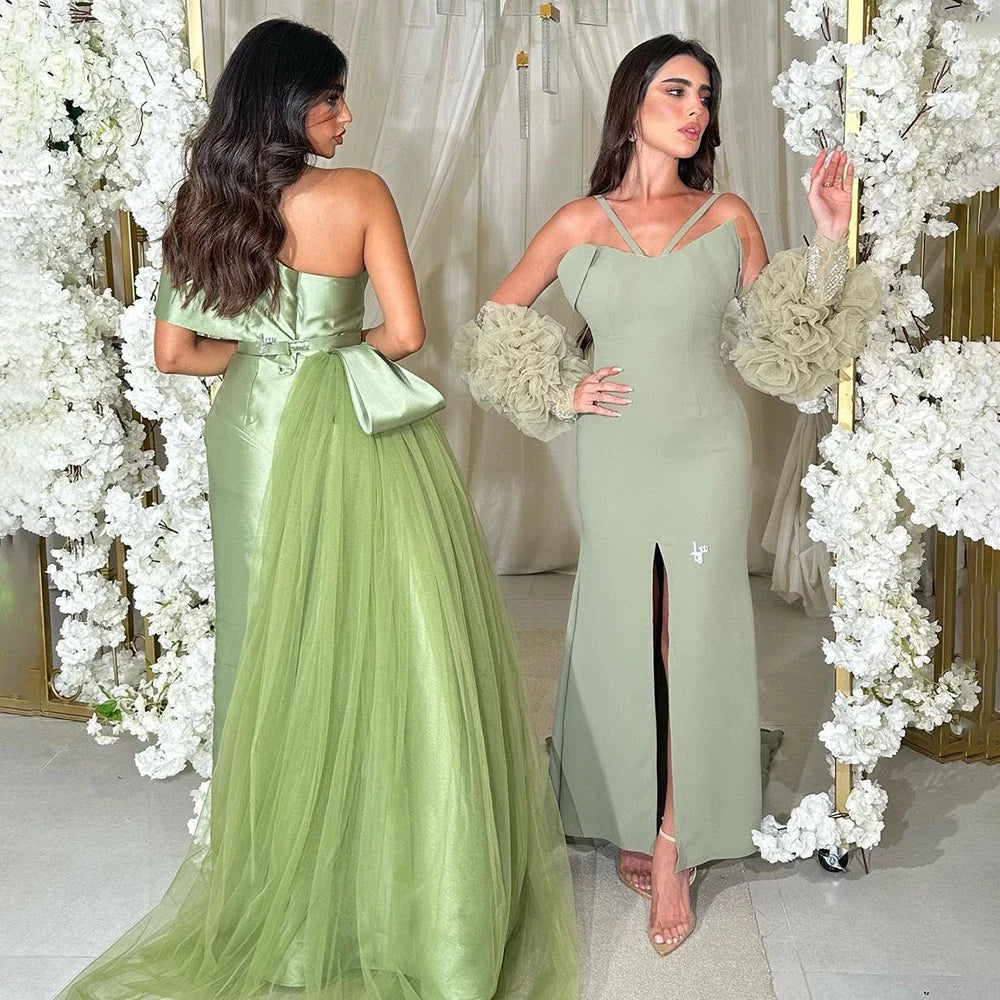 Serene Hill Sage Green Satin One-Shoulder Beaded Mermaid Tea-Length Evening Gown for Women - Wedding Party LA72194 - SERENE HILL