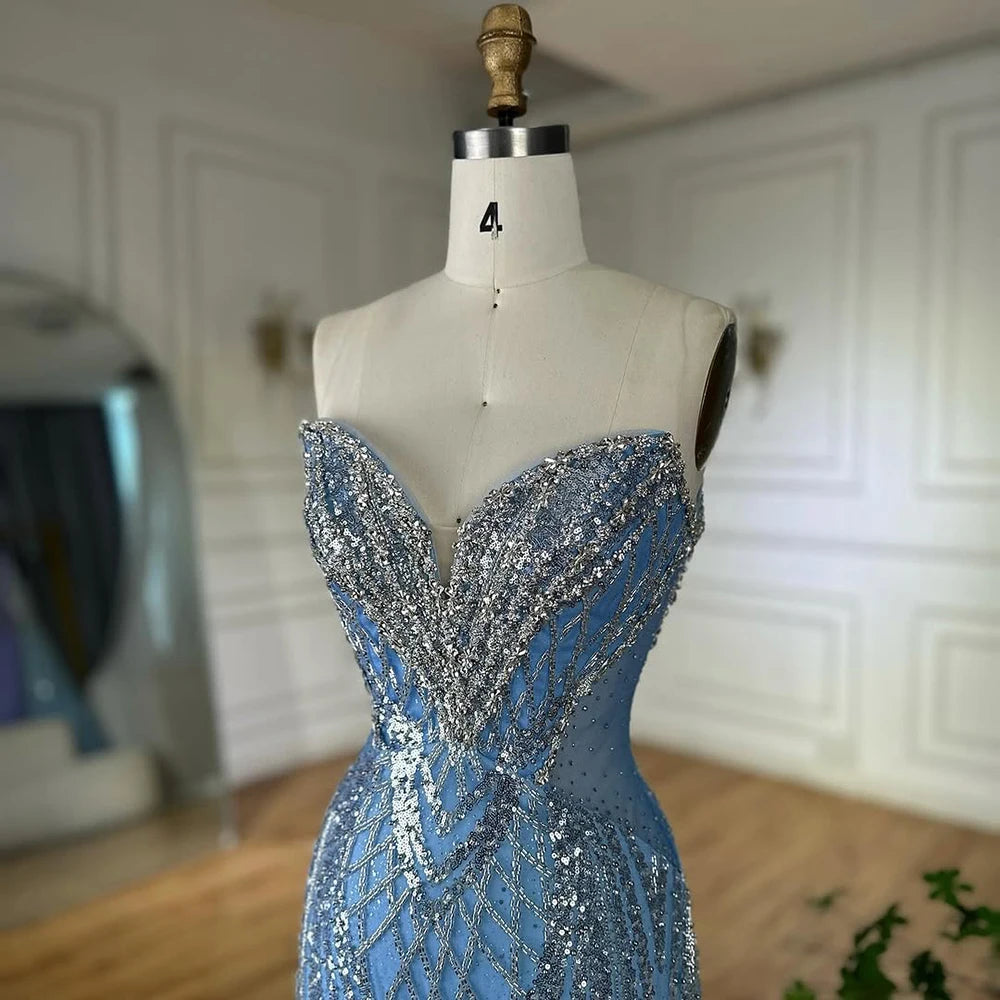 Luxury Dubai Saudi Arabic Blue Mermaid Evening Dresses Gowns Beaded For Formal Occasion LA72901 - SERENE HILL