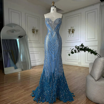 Luxury Dubai Saudi Arabic Blue Mermaid Evening Dresses Gowns Beaded For Formal Occasion LA72901 - SERENE HILL