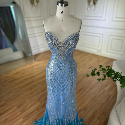 Luxury Dubai Saudi Arabic Blue Mermaid Evening Dresses Gowns Beaded For Formal Occasion LA72901 - SERENE HILL
