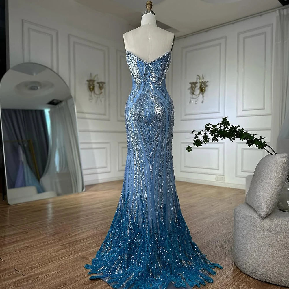 Luxury Dubai Saudi Arabic Blue Mermaid Evening Dresses Gowns Beaded For Formal Occasion LA72901 - SERENE HILL