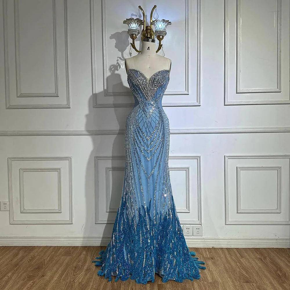 Luxury Dubai Saudi Arabic Blue Mermaid Evening Dresses Gowns Beaded For Formal Occasion LA72901 - SERENE HILL